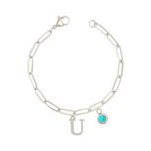Alphabet Birthstone Paperclip Bracelet Silver (O-U)